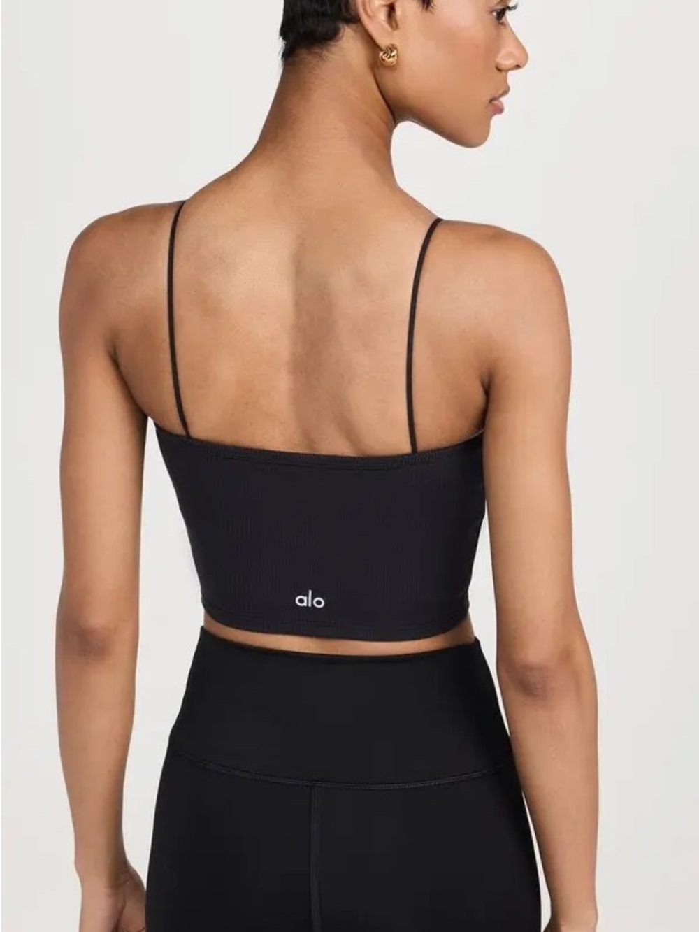 SOLD ALO Yoga Black Ribbed Goddess bandeau top Square-Neck Camisole Crop - Picture 2 of 4